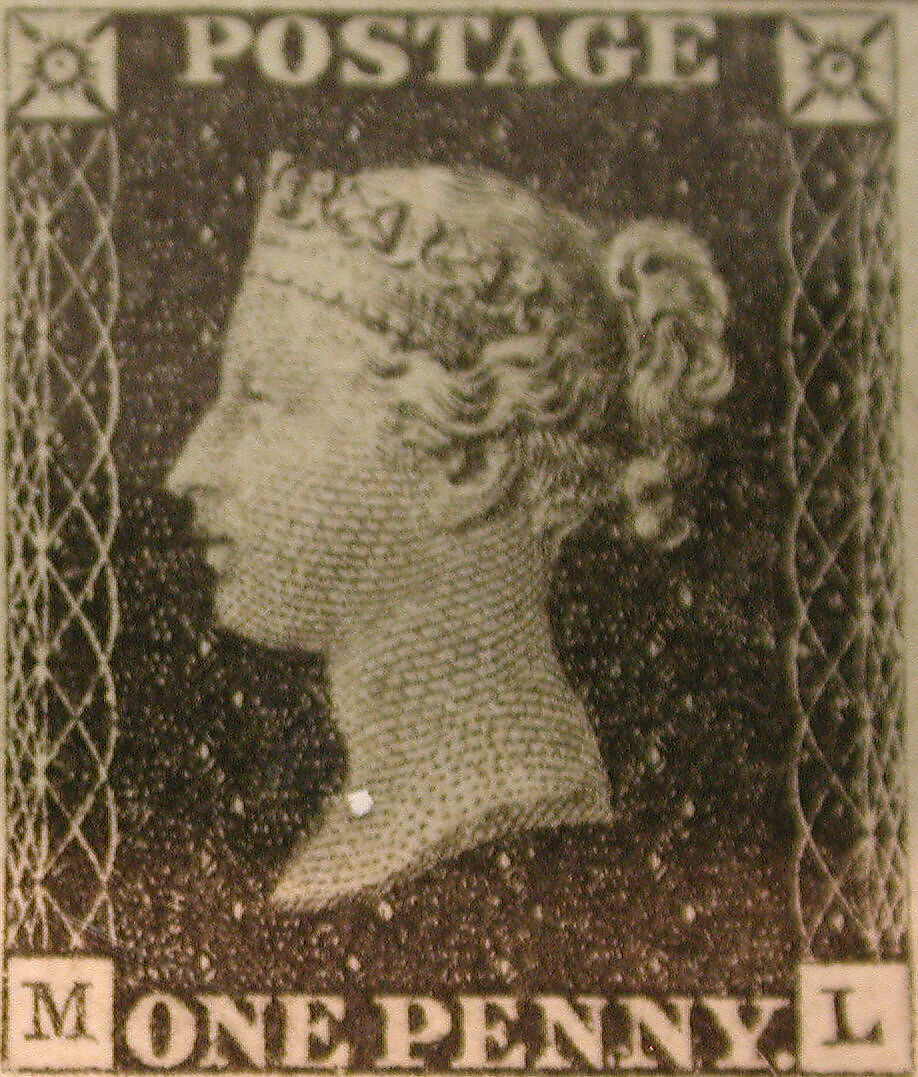 Unused block of four "Penny Black" postage stamps of Queen Victoria, After a design by William Wyon (British, Birmingham 1795–1851 Brighton), Engraving printed in black ink on paper, British