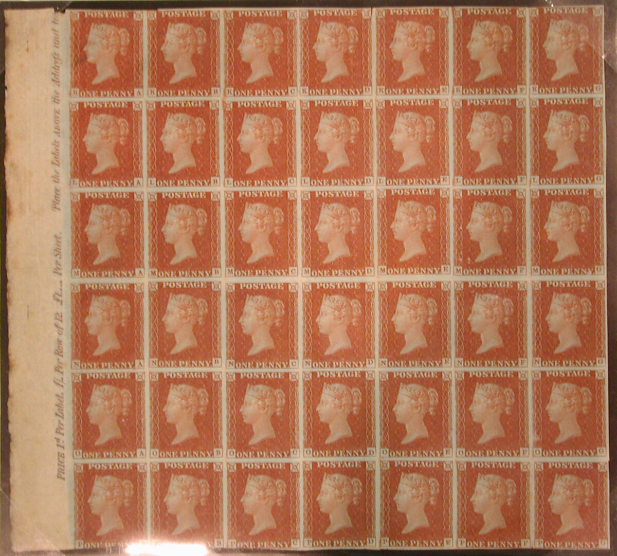 Unused block of forty-two "Penny Red-Brown" postage stamps of Queen Victoria, After a design by William Wyon (British, Birmingham 1795–1851 Brighton), Engraving printed in red-brown ink on paper, British 