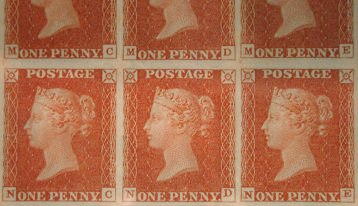 Unused block of forty-two "Penny Red-Brown" postage stamps of Queen Victoria, After a design by William Wyon (British, Birmingham 1795–1851 Brighton), Engraving printed in red-brown ink on paper, British