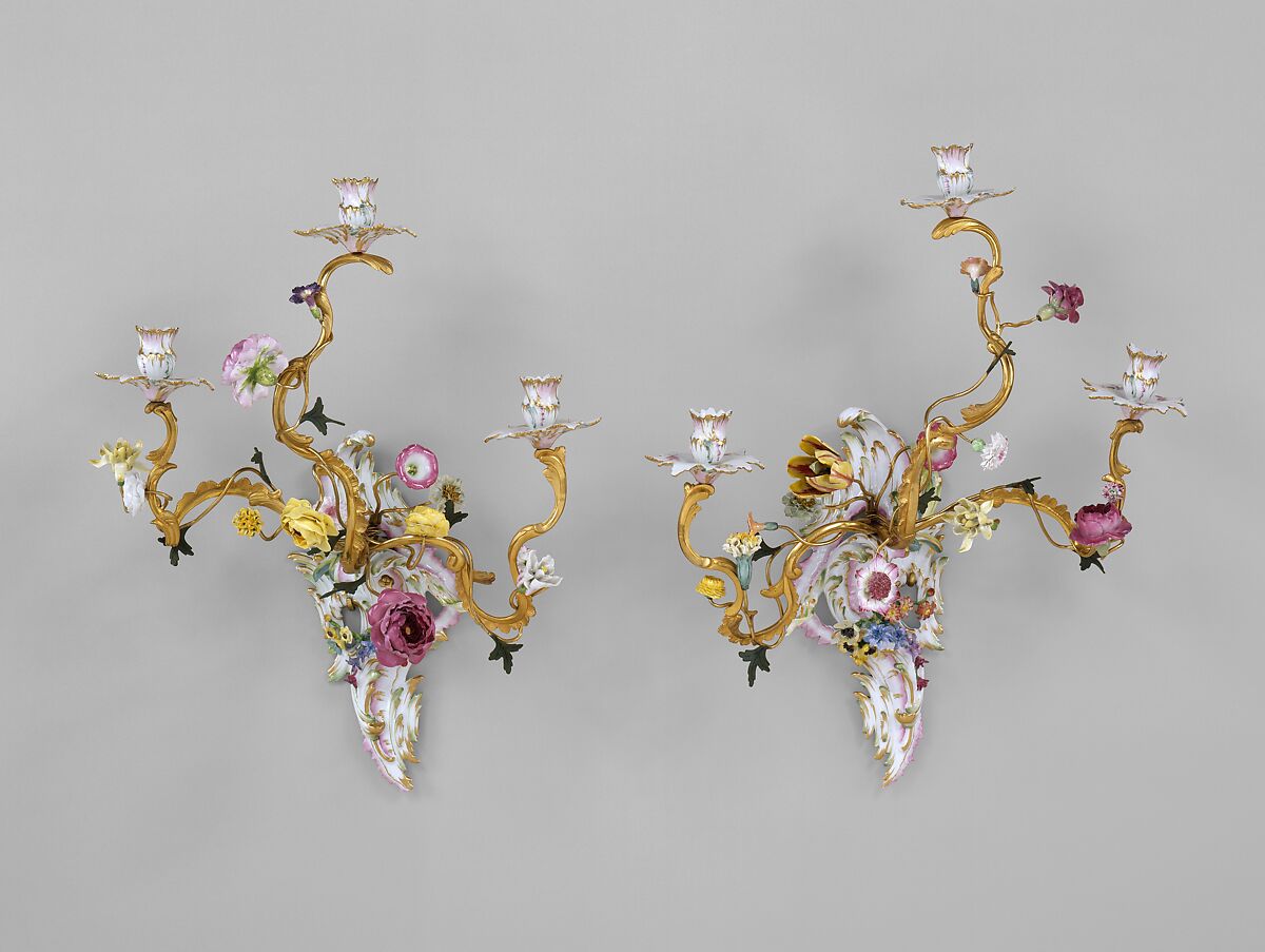 Pair of wall lights, Royal Porcelain Manufactory, Berlin (German, founded 1763), Hard-paste porcelain and gilt bronze; brass, German, Berlin 