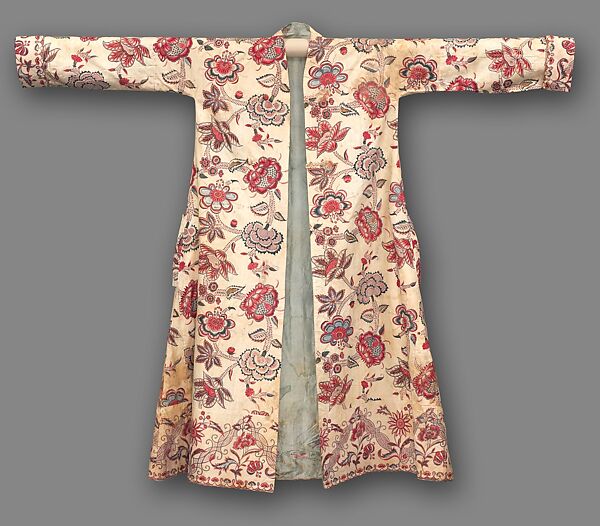 Man’s Morning Gown (Banyan), Cotton (printed and painted resist and mordant, dyed) with applied gold leaf, silk lining, India, for the French market 