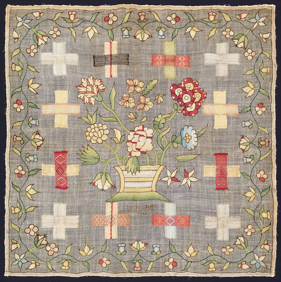 Embroidered darning sampler, Frances Boyce (British), Silk embroidery on linen, British 