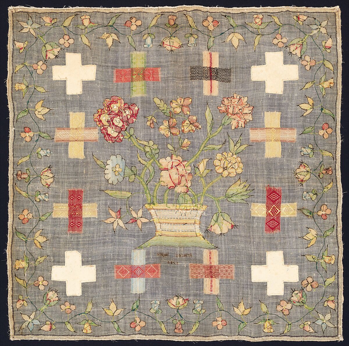 Embroidered darning sampler, Frances Boyce (British), Silk embroidery on linen, British