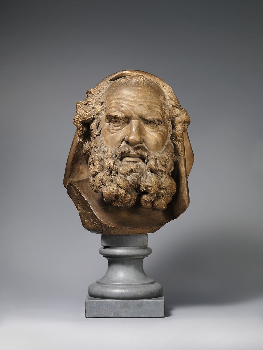 Head of a Bearded Elder, Augustin Pajou (French, Paris 1730–1809 Paris), Terracotta on a bleu turquin marble socle, French, probably Paris 