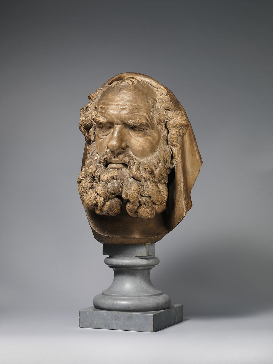 Head of a Bearded Elder, Augustin Pajou (French, Paris 1730–1809 Paris), .1Terracotta on a bleu turquin marble socle, French, probably Paris