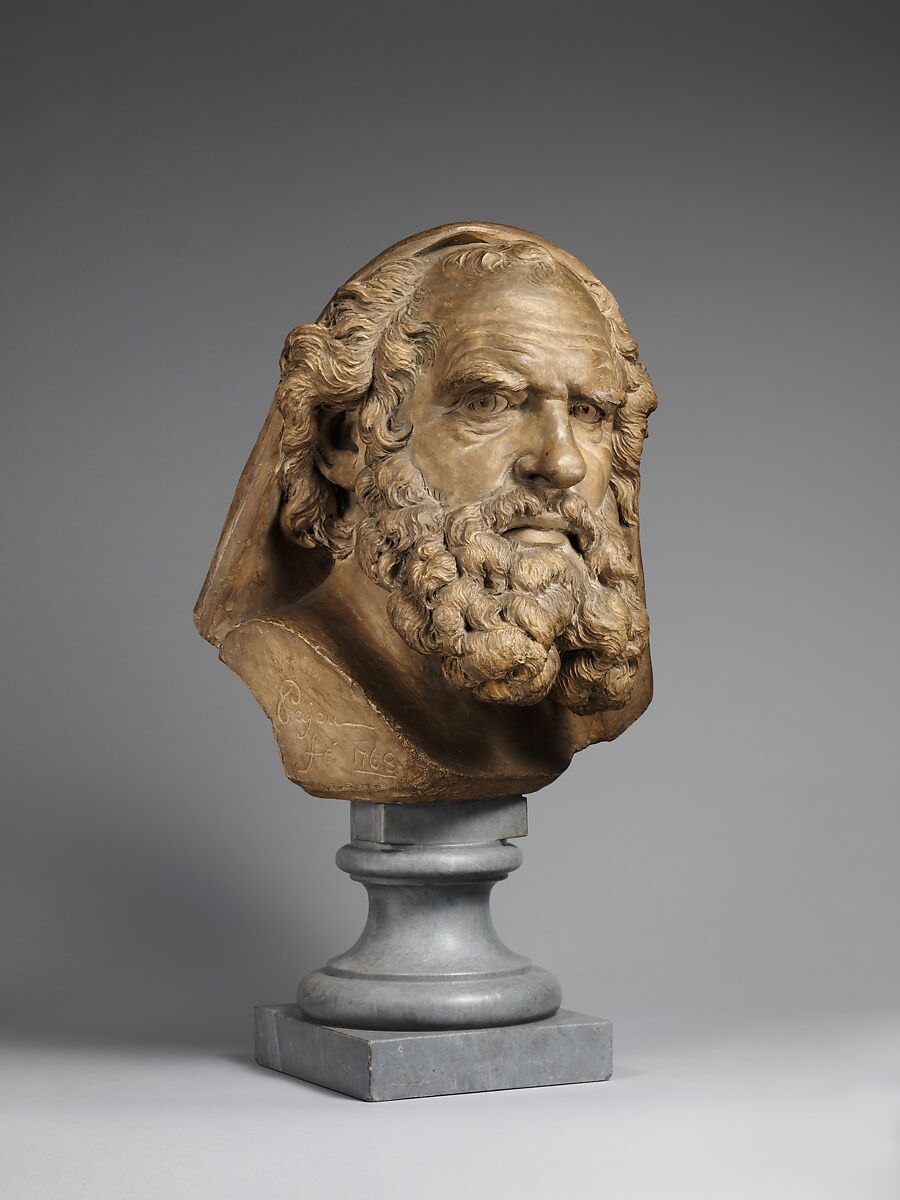 Head of a Bearded Elder, Augustin Pajou (French, Paris 1730–1809 Paris), .1Terracotta on a bleu turquin marble socle, French, probably Paris