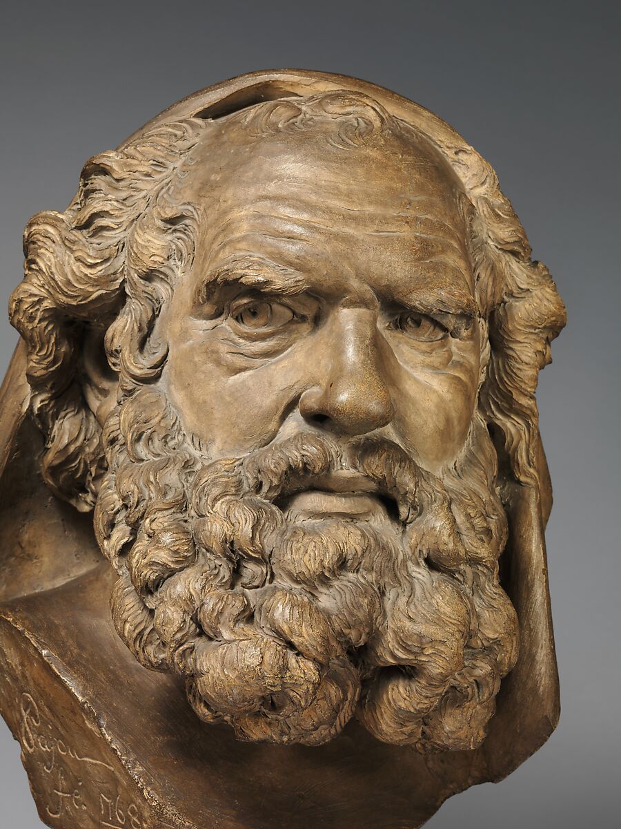 Head of a Bearded Elder, Augustin Pajou (French, Paris 1730–1809 Paris), .1Terracotta on a bleu turquin marble socle, French, probably Paris