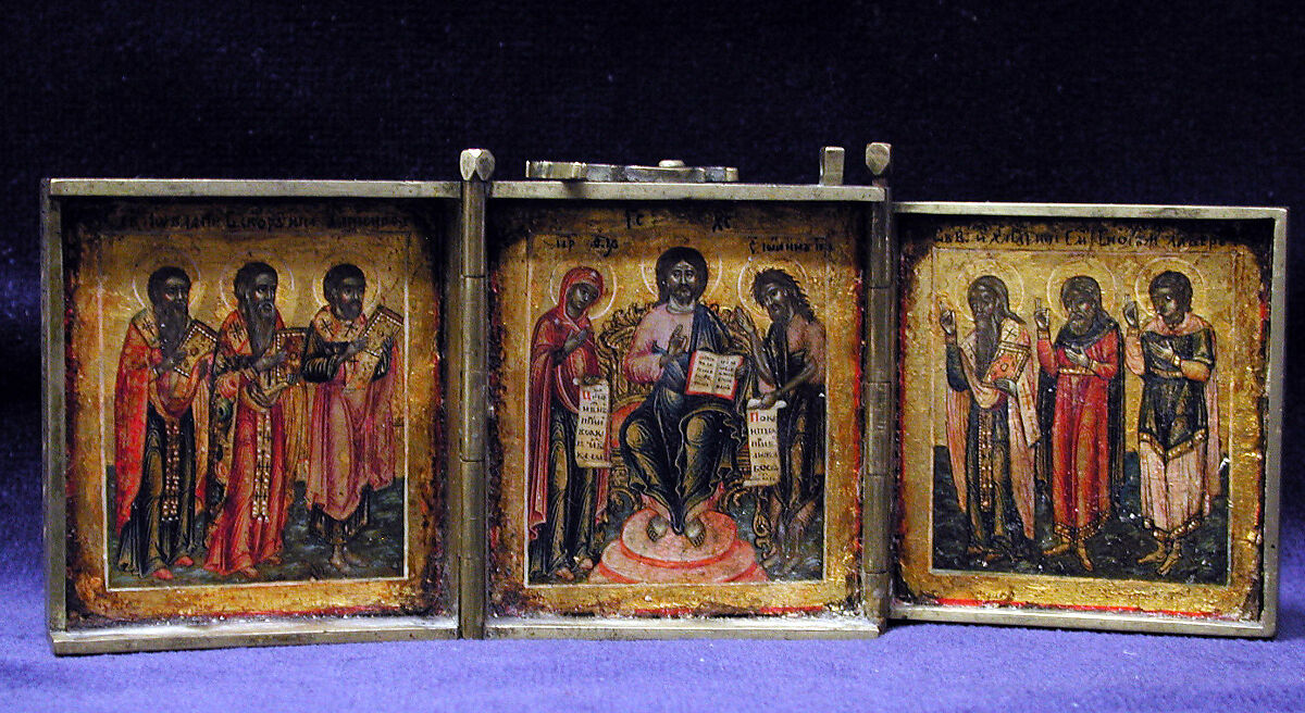 Traveling triptych, Painted icon, silver, gilt, brass, Russian 