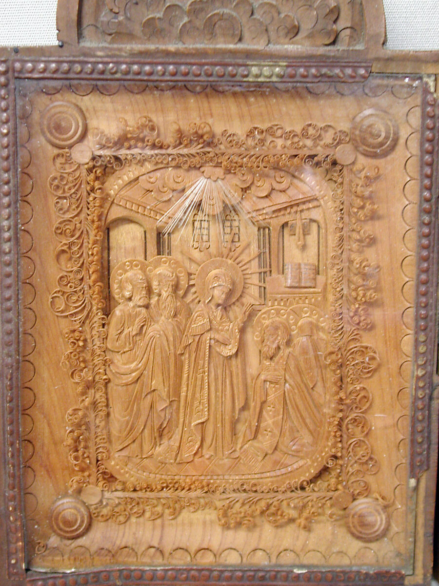 Triptych, Fruitwood, glass, animal hair, Russian