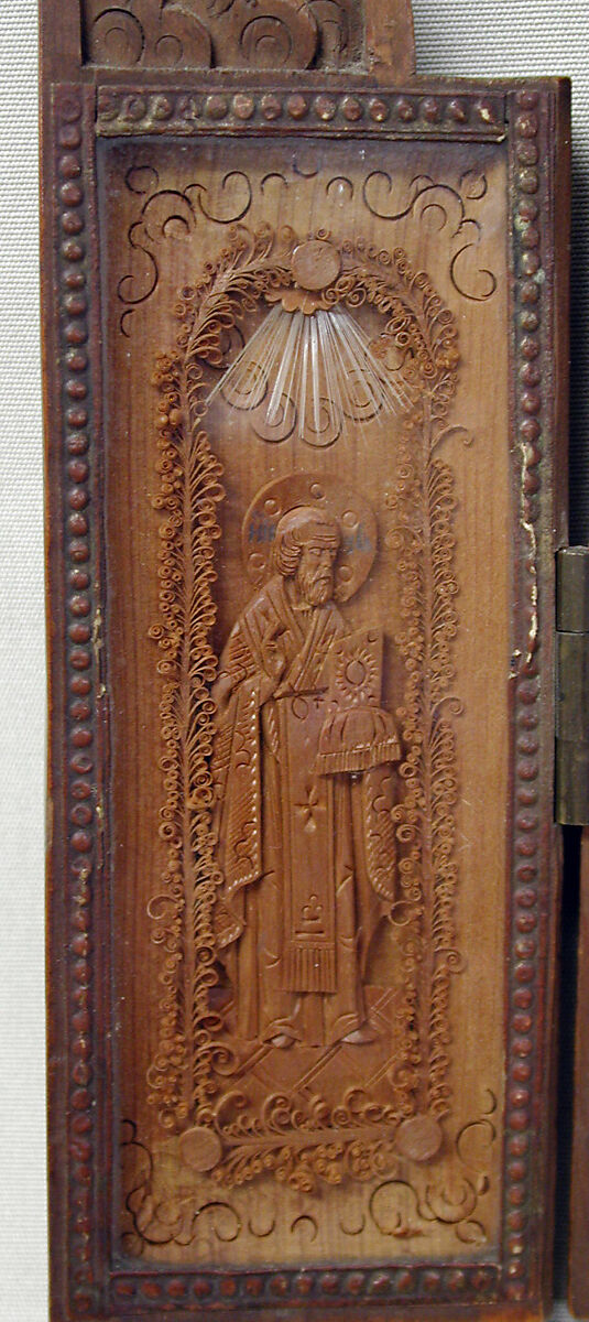 Triptych, Fruitwood, glass, animal hair, Russian