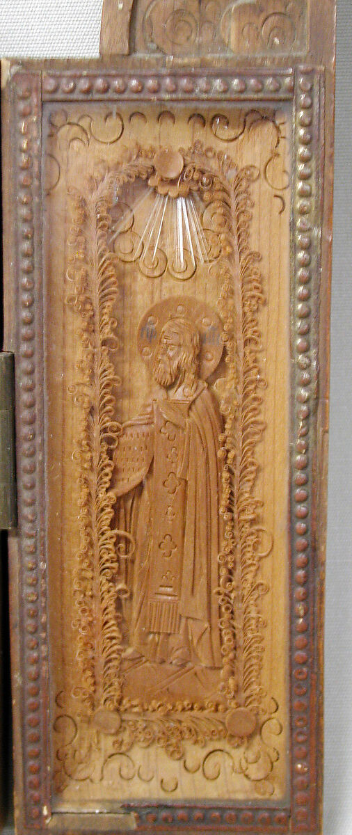 Triptych, Fruitwood, glass, animal hair, Russian