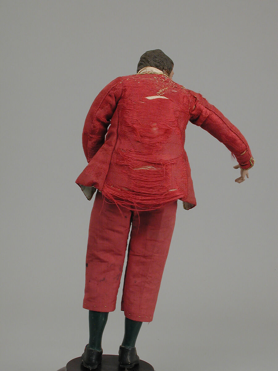 Man with mandolin, Polychromed terracotta head and wooden limbs; body of wire wrapped in tow; silk and linen garments; wood mandolin, Italian, Naples