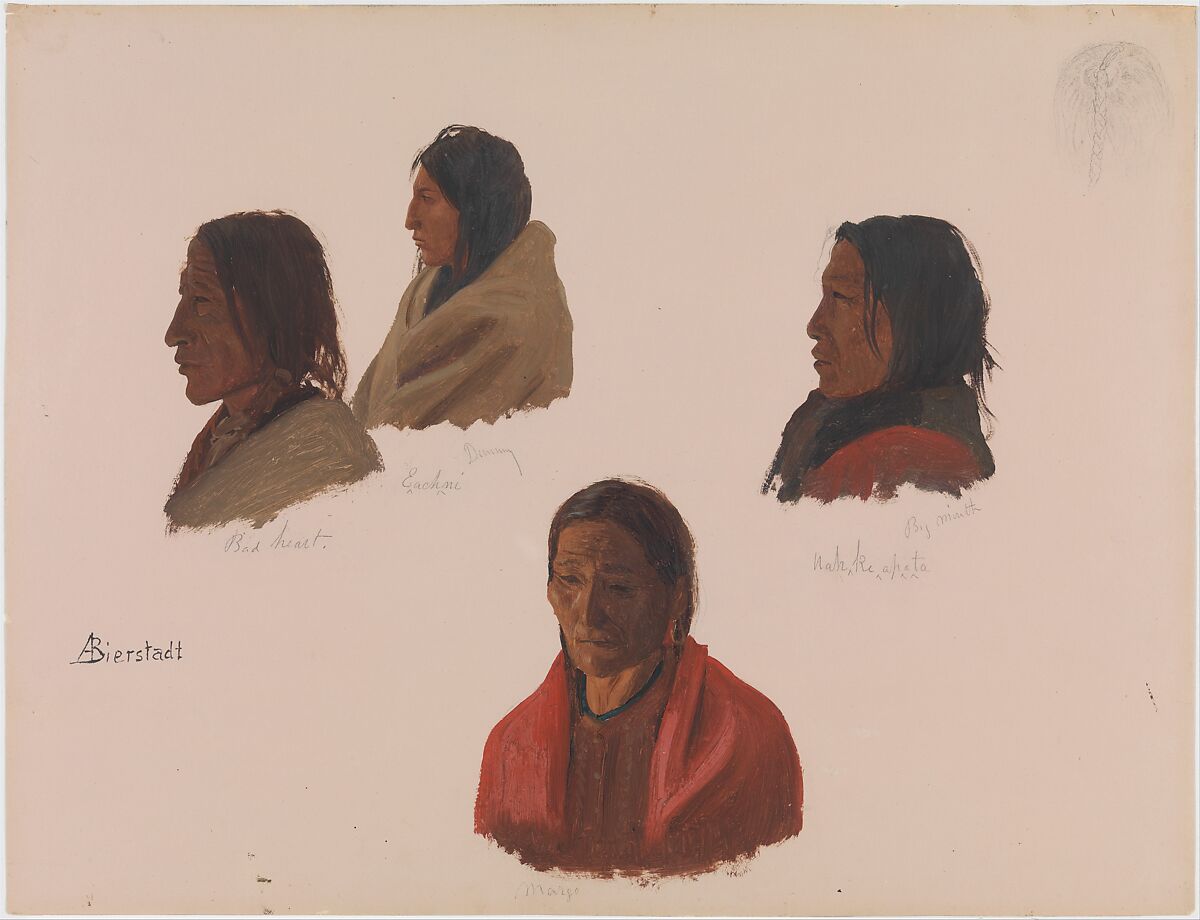 Studies of Native American Leaders Made at Fort Laramie, Albert Bierstadt (American, Solingen 1830–1902 New York), Oil and graphite on paper, American 