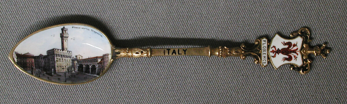 Souvenir spoon with view of the Place della Signoria, Florence, Silver-gilt and enamel, European 