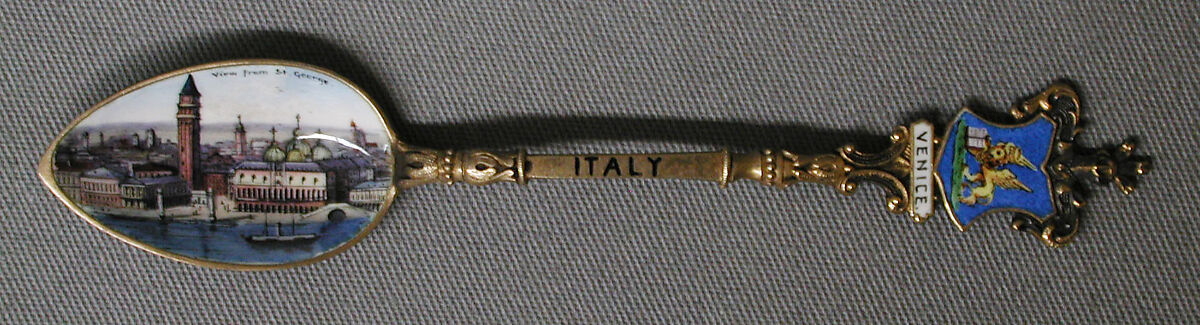 Souvenir spoon with view of the Doge's Palace and the Campanile, Silver-gilt and enamel, European 