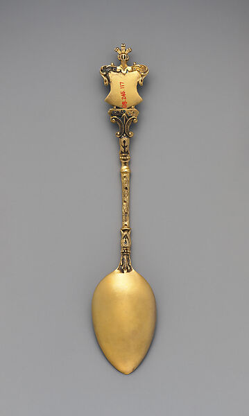Souvenir spoon with view of a statue of Michelangelo's David on stepped foundation and arms of Florence, Silver-gilt and enamel, European