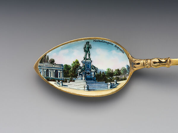 Souvenir spoon with view of a statue of Michelangelo's David on stepped foundation and arms of Florence, Silver-gilt and enamel, European