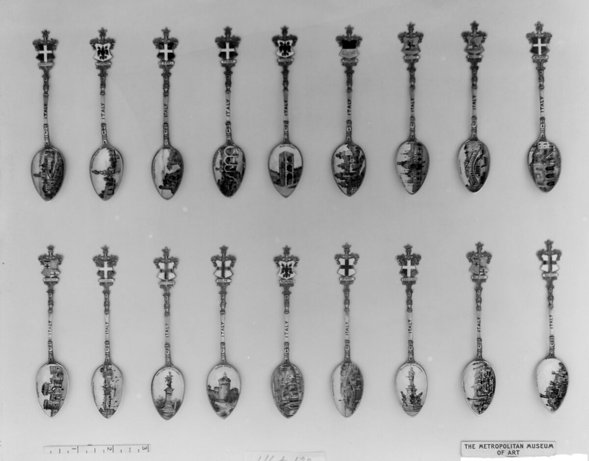 Souvenir spoon with ruins of Roman baths and arms of Savoy, Silver-gilt and enamel, European