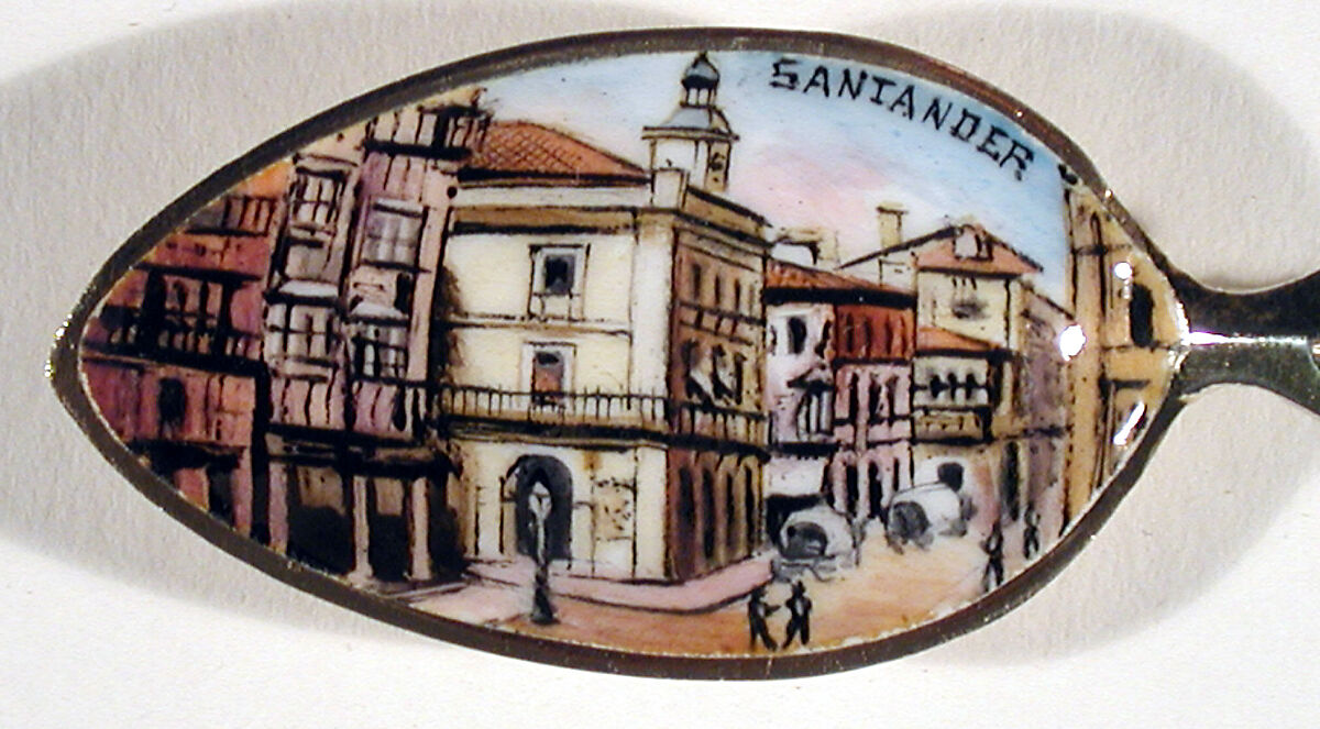 Souvenir spoon with view of a street scene and finial in form of a postage stamp, Gilt and enamel, European