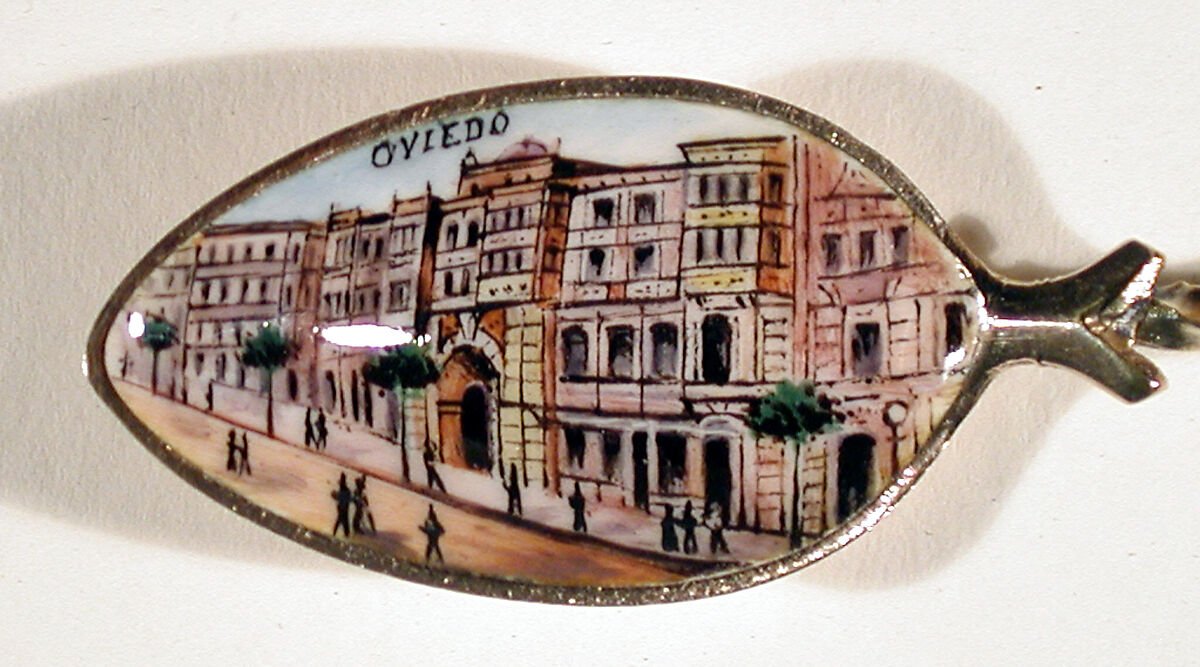 Souvenir spoon with street scene in Oviedo and finial in form of a postage stamp, Gilt and enamel, European