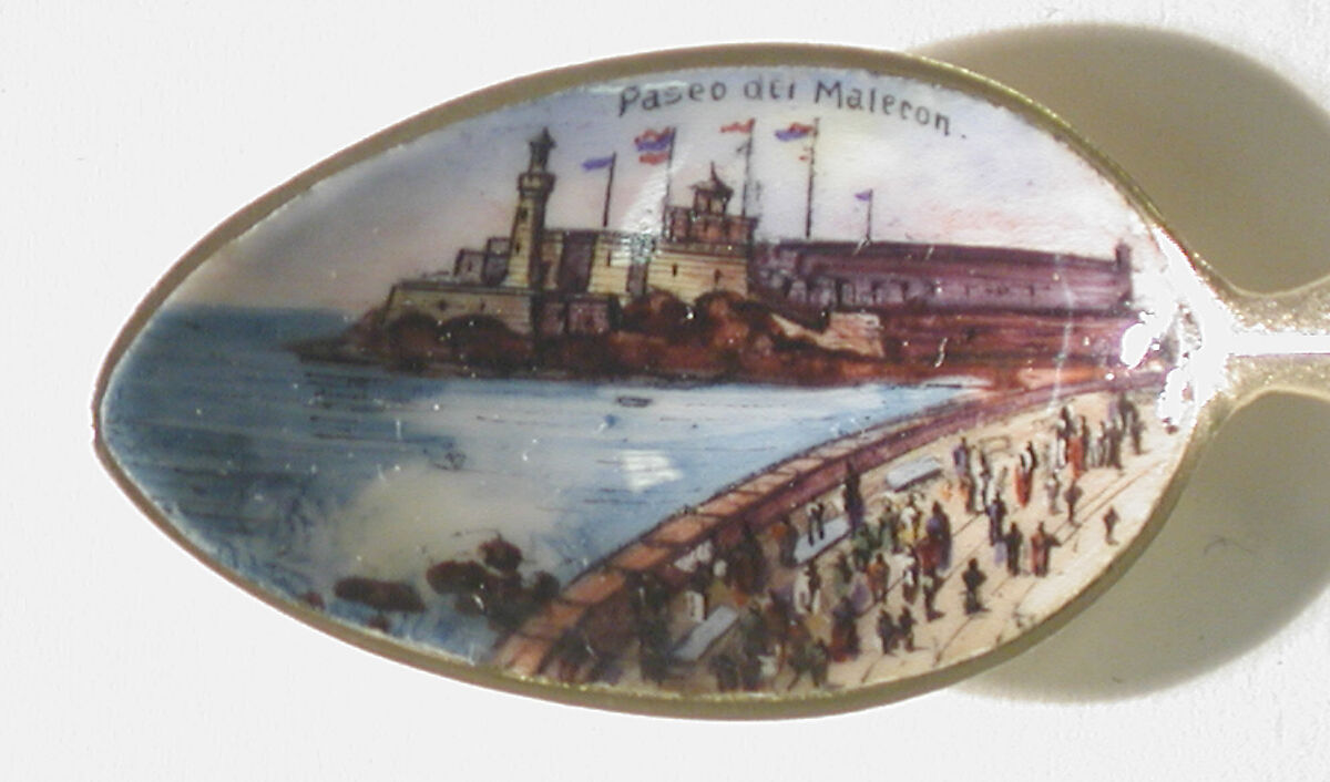 Souvenir spoon with view of the Paseo del Maleron and finial in form of a postage stamp, Gilt and enamel, European