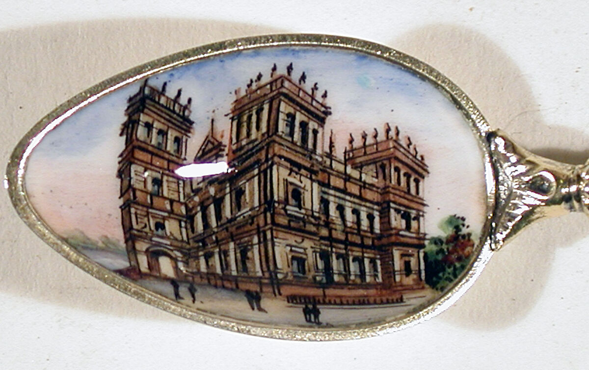 Souvenir spoon with view of Palais Royal and arms of Spain, Silver, parcel-gilt and enamel, European