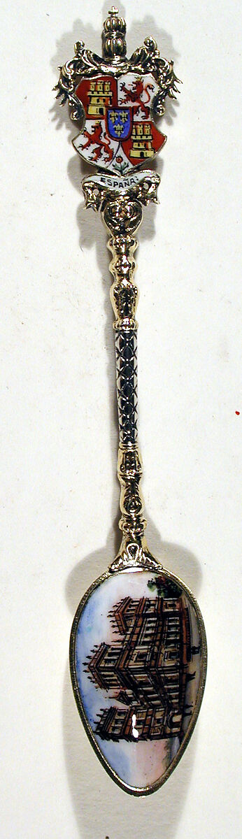 Souvenir spoon with view of Palais Royal and arms of Spain, Silver, parcel-gilt and enamel, European 