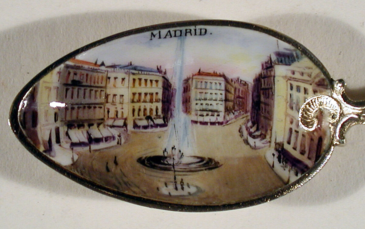 Souvenir spoon with view of plaza and fountain, Silver-gilt and enamel, European