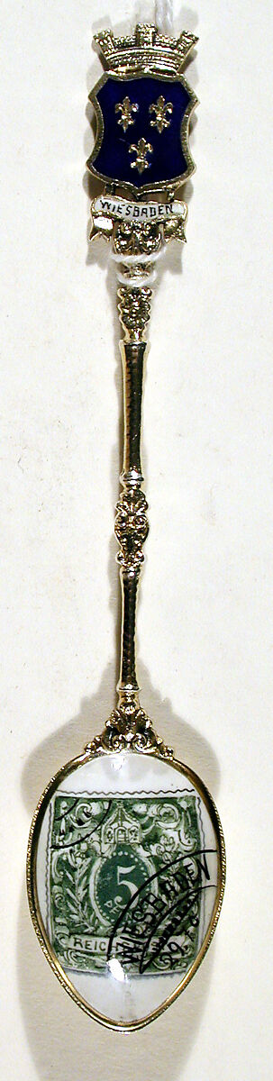 Souvenir spoon with green postage stamp and postmark for Wiesbaden, Silver-gilt, European 