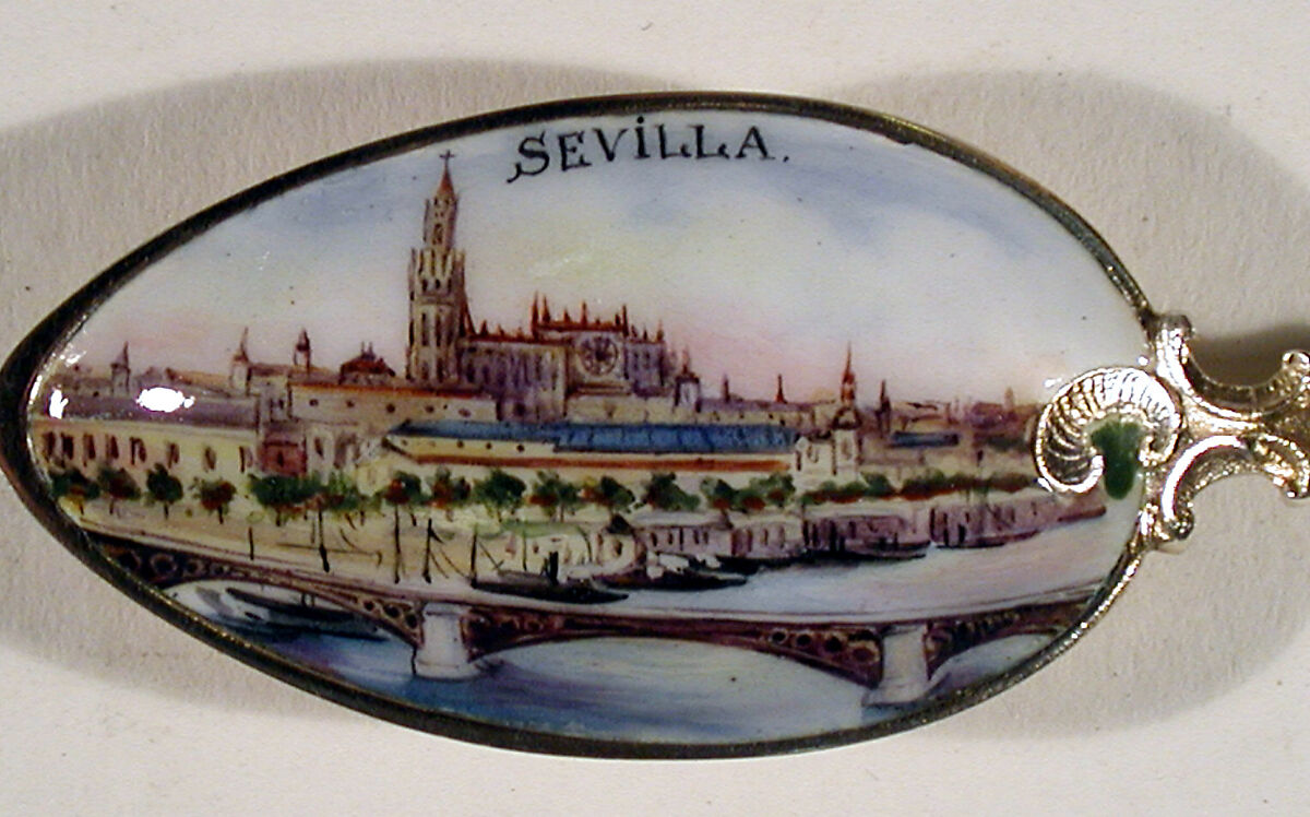 Souvenir spoon with view of Sevilla Cathedral, Silver-gilt and enamel, European