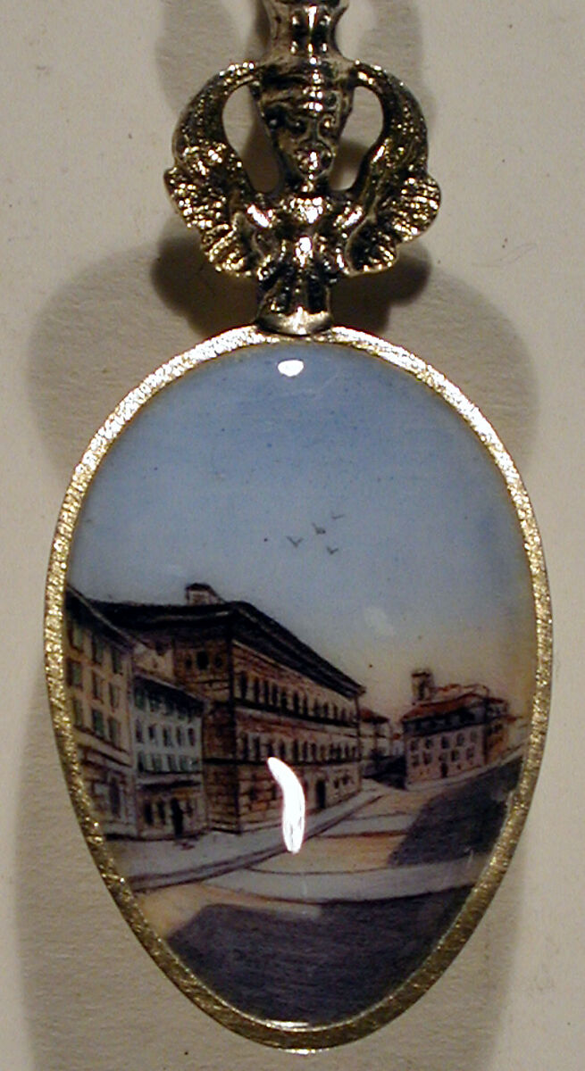 Souvenir spoon with view of Medici Palace, Florence, Silver, parcel-gilt and enamel, European