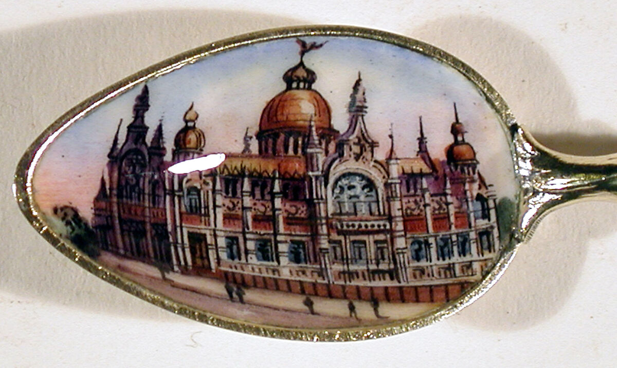 Souvenir spoon with view of Royal Palace in Savoy (?), Silver, parcel-gilt and enamel, European
