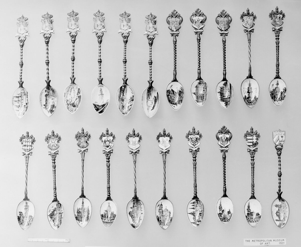 Souvenir spoon with view of seaside town and arms of Spain, Silver-gilt and enamel, European