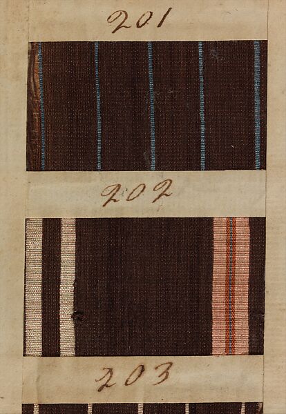 Textile sample book, Paper, cloth binding, with attached samples of fustian (variety of warp and weft combinations in wool, silk, linen, and cotton); warp: cotton dyed in dark brown, spun and Z twist/no ply, 30–32 per cm; warp: silk dyed in light blue, no visible twist/no ply, 12 per 0.1 cm; weft: silk dyed in pink, no visible twist/no ply, 28 per cm, British