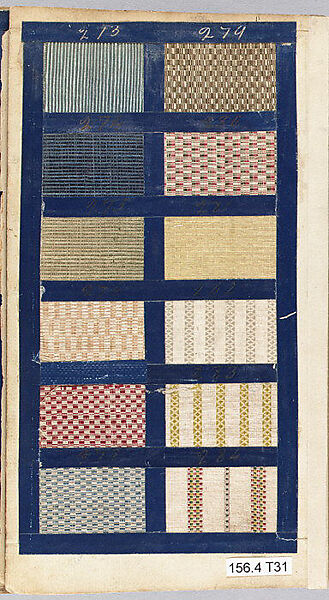 Textile sample book, Paper, cloth binding, with attached samples of fustian (variety of warp and weft combinations in wool, silk, linen, and cotton); warp: cotton dyed in dark brown, spun and Z twist/no ply, 30–32 per cm; warp: silk dyed in light blue, no visible twist/no ply, 12 per 0.1 cm; weft: silk dyed in pink, no visible twist/no ply, 28 per cm, British