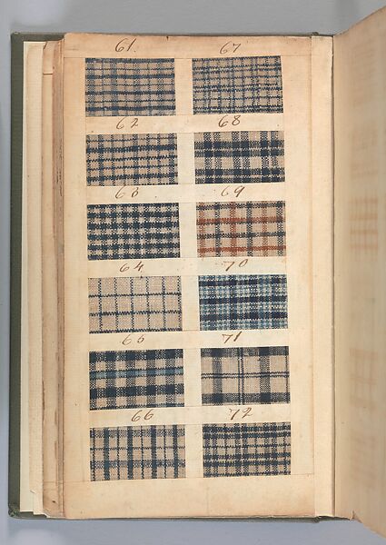 Textile sample book, Paper, cloth binding, with attached samples of fustian (variety of warp and weft combinations in wool, silk, linen, and cotton); warp: cotton dyed in dark brown, spun and Z twist/no ply, 30–32 per cm; warp: silk dyed in light blue, no visible twist/no ply, 12 per 0.1 cm; weft: silk dyed in pink, no visible twist/no ply, 28 per cm, British