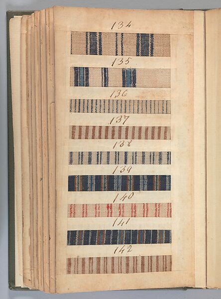Textile sample book, Paper, cloth binding, with attached samples of fustian (variety of warp and weft combinations in wool, silk, linen, and cotton); warp: cotton dyed in dark brown, spun and Z twist/no ply, 30–32 per cm; warp: silk dyed in light blue, no visible twist/no ply, 12 per 0.1 cm; weft: silk dyed in pink, no visible twist/no ply, 28 per cm, British