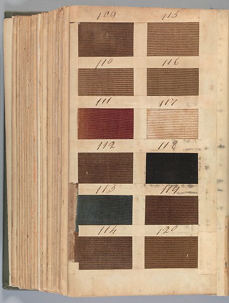 Textile sample book, Paper, cloth binding, with attached samples of fustian (variety of warp and weft combinations in wool, silk, linen, and cotton); warp: cotton dyed in dark brown, spun and Z twist/no ply, 30–32 per cm; warp: silk dyed in light blue, no visible twist/no ply, 12 per 0.1 cm; weft: silk dyed in pink, no visible twist/no ply, 28 per cm, British