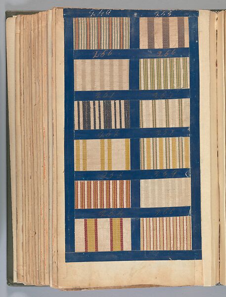 Textile sample book, Paper, cloth binding, with attached samples of fustian (variety of warp and weft combinations in wool, silk, linen, and cotton); warp: cotton dyed in dark brown, spun and Z twist/no ply, 30–32 per cm; warp: silk dyed in light blue, no visible twist/no ply, 12 per 0.1 cm; weft: silk dyed in pink, no visible twist/no ply, 28 per cm, British