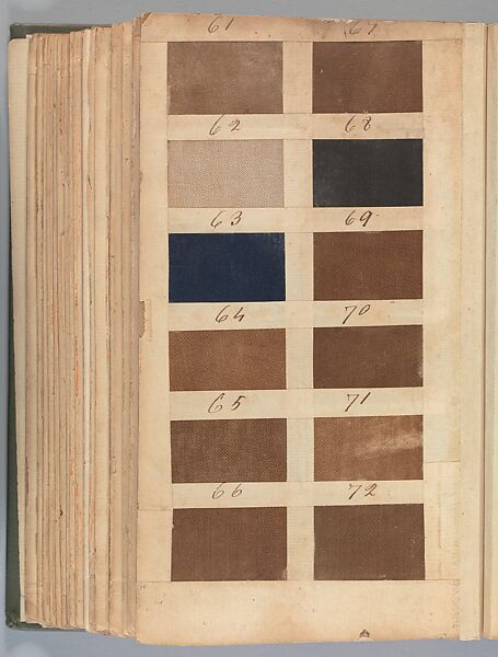 Textile sample book, Paper, cloth binding, with attached samples of fustian (variety of warp and weft combinations in wool, silk, linen, and cotton); warp: cotton dyed in dark brown, spun and Z twist/no ply, 30–32 per cm; warp: silk dyed in light blue, no visible twist/no ply, 12 per 0.1 cm; weft: silk dyed in pink, no visible twist/no ply, 28 per cm, British