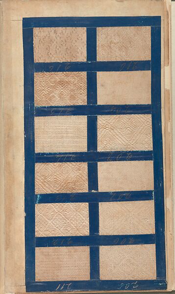 Textile sample book, Paper, cloth binding, with attached samples of fustian (variety of warp and weft combinations in wool, silk, linen, and cotton); warp: cotton dyed in dark brown, spun and Z twist/no ply, 30–32 per cm; warp: silk dyed in light blue, no visible twist/no ply, 12 per 0.1 cm; weft: silk dyed in pink, no visible twist/no ply, 28 per cm, British