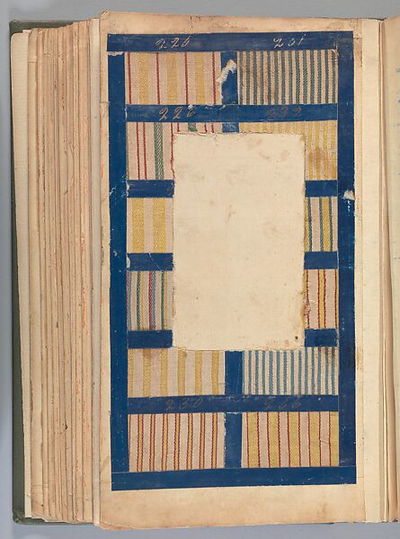 Textile sample book, Paper, cloth binding, with attached samples of fustian (variety of warp and weft combinations in wool, silk, linen, and cotton); warp: cotton dyed in dark brown, spun and Z twist/no ply, 30–32 per cm; warp: silk dyed in light blue, no visible twist/no ply, 12 per 0.1 cm; weft: silk dyed in pink, no visible twist/no ply, 28 per cm, British