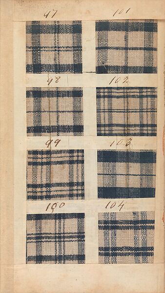 Textile sample book, Paper, cloth binding, with attached samples of fustian (variety of warp and weft combinations in wool, silk, linen, and cotton); warp: cotton dyed in dark brown, spun and Z twist/no ply, 30–32 per cm; warp: silk dyed in light blue, no visible twist/no ply, 12 per 0.1 cm; weft: silk dyed in pink, no visible twist/no ply, 28 per cm, British
