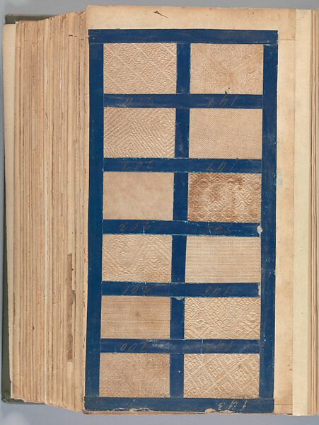 Textile sample book, Paper, cloth binding, with attached samples of fustian (variety of warp and weft combinations in wool, silk, linen, and cotton); warp: cotton dyed in dark brown, spun and Z twist/no ply, 30–32 per cm; warp: silk dyed in light blue, no visible twist/no ply, 12 per 0.1 cm; weft: silk dyed in pink, no visible twist/no ply, 28 per cm, British