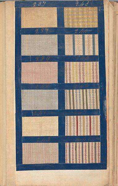 Textile sample book, Paper, cloth binding, with attached samples of fustian (variety of warp and weft combinations in wool, silk, linen, and cotton); warp: cotton dyed in dark brown, spun and Z twist/no ply, 30–32 per cm; warp: silk dyed in light blue, no visible twist/no ply, 12 per 0.1 cm; weft: silk dyed in pink, no visible twist/no ply, 28 per cm, British