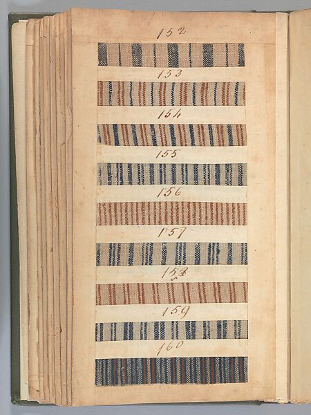 Textile sample book, Paper, cloth binding, with attached samples of fustian (variety of warp and weft combinations in wool, silk, linen, and cotton); warp: cotton dyed in dark brown, spun and Z twist/no ply, 30–32 per cm; warp: silk dyed in light blue, no visible twist/no ply, 12 per 0.1 cm; weft: silk dyed in pink, no visible twist/no ply, 28 per cm, British