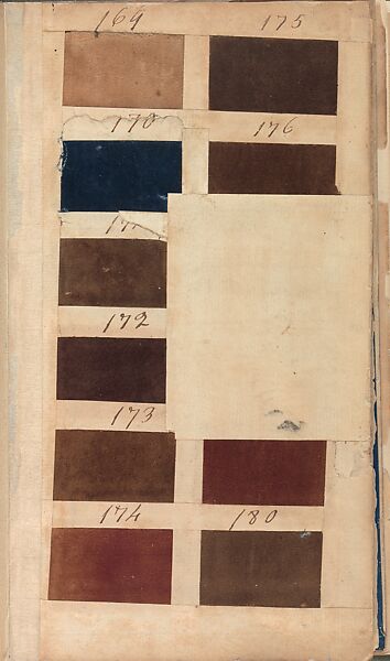 Textile sample book, Paper, cloth binding, with attached samples of fustian (variety of warp and weft combinations in wool, silk, linen, and cotton); warp: cotton dyed in dark brown, spun and Z twist/no ply, 30–32 per cm; warp: silk dyed in light blue, no visible twist/no ply, 12 per 0.1 cm; weft: silk dyed in pink, no visible twist/no ply, 28 per cm, British
