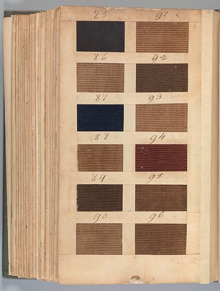 Textile sample book, Paper, cloth binding, with attached samples of fustian (variety of warp and weft combinations in wool, silk, linen, and cotton); warp: cotton dyed in dark brown, spun and Z twist/no ply, 30–32 per cm; warp: silk dyed in light blue, no visible twist/no ply, 12 per 0.1 cm; weft: silk dyed in pink, no visible twist/no ply, 28 per cm, British