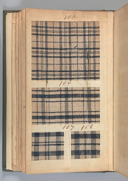 Textile sample book, Paper, cloth binding, with attached samples of fustian (variety of warp and weft combinations in wool, silk, linen, and cotton); warp: cotton dyed in dark brown, spun and Z twist/no ply, 30–32 per cm; warp: silk dyed in light blue, no visible twist/no ply, 12 per 0.1 cm; weft: silk dyed in pink, no visible twist/no ply, 28 per cm, British