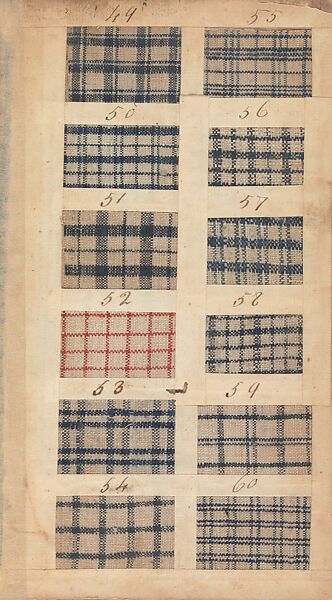 Textile sample book, Paper, cloth binding, with attached samples of fustian (variety of warp and weft combinations in wool, silk, linen, and cotton); warp: cotton dyed in dark brown, spun and Z twist/no ply, 30–32 per cm; warp: silk dyed in light blue, no visible twist/no ply, 12 per 0.1 cm; weft: silk dyed in pink, no visible twist/no ply, 28 per cm, British